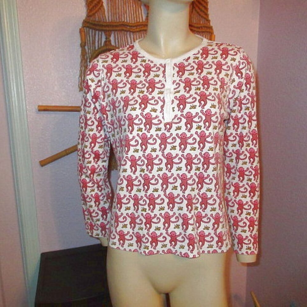 Roller Rabbit Monkey Print Pajama Top Size XS Soft Pima Cotton Henley Crop